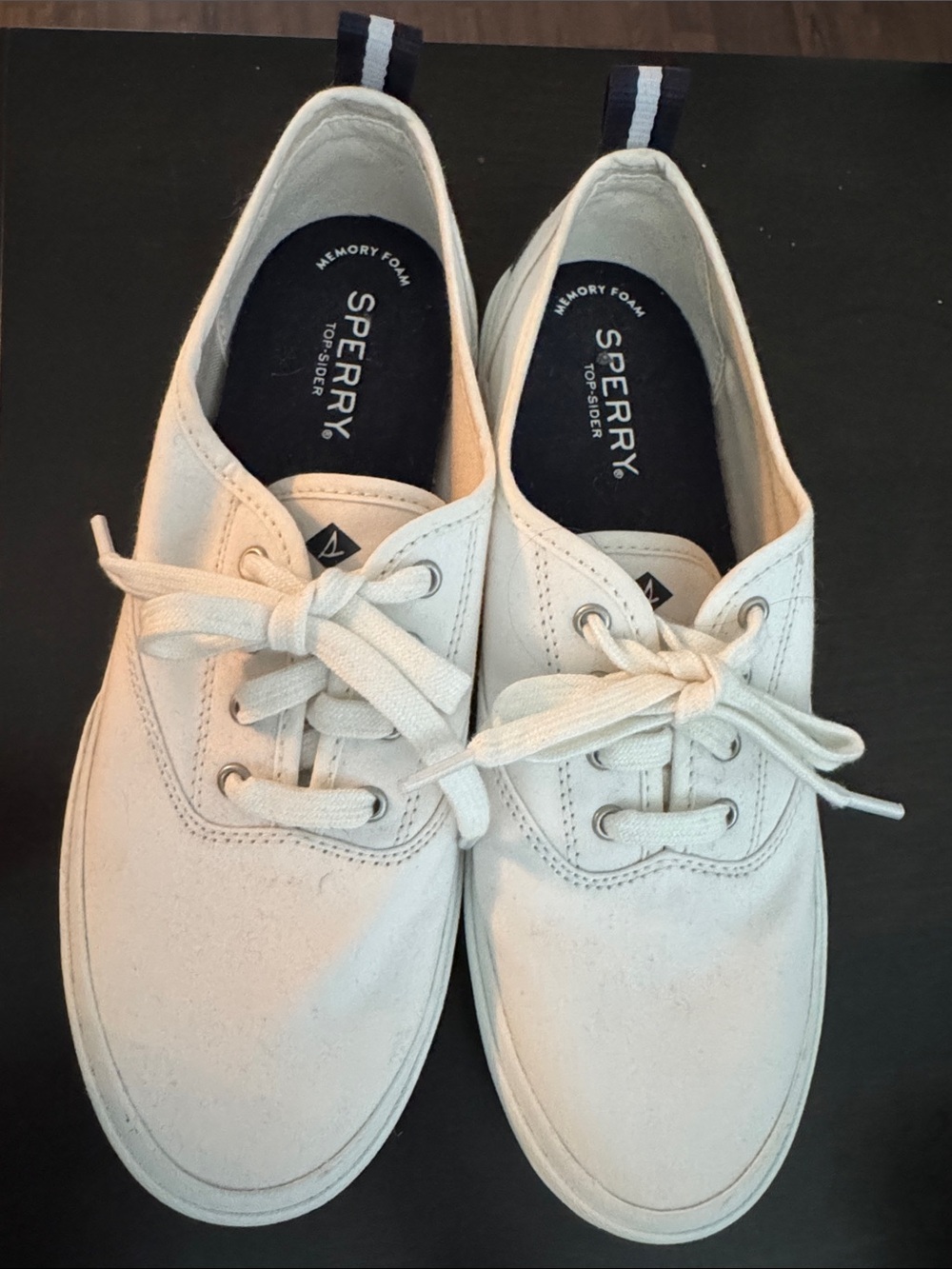 Sperry Women's Cream Canvas Lace-Up Sneakers with Navy Heel Loop